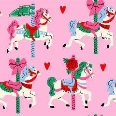Carousel horses. Cute bright colorful merry go round horses. Retro vintage carousel style. Hand drawn modern Vector illustration. Square seamless Pattern, background, wallpaper © Dariia