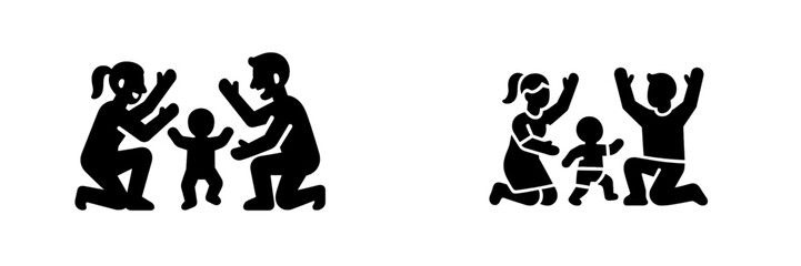 Family with baby learning to walk icon set with mother and father encouraging toddler first steps black glyph silhouette