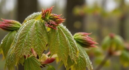Close up of spring maple leaves covered in water droplets showing vibrant colors in a natural