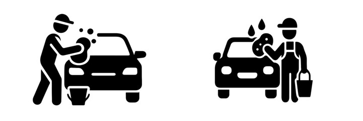 Car wash service icon set with a person cleaning an automobile with a sponge and bucket, simple black and white pictogram for vehicle maintenance and detailing