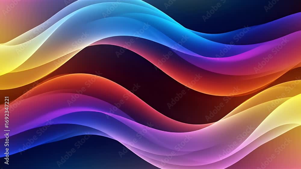 Poster a vibrant abstract background featuring smooth, flowing waves of multicolored light with glowing gra