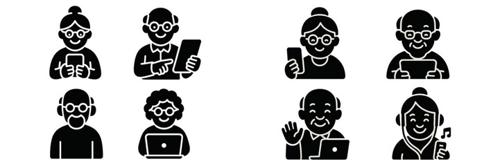 Glyph icon set of senior citizens using modern technology for communication, featuring an elderly man and woman with a smartphone, tablet, and laptop