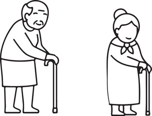 Vector art of elderly couple with walking stick, represents senior, retirement, age, support, and companionship