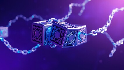 Close up of metal cubes connected by a chain against a purple and blue gradient background