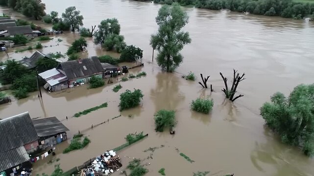 Aerial View of Flooded Houses and River