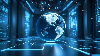 Glowing digital globe floating in futuristic blue data server room with cyber technology and advanced virtual network - Powered by Adobe