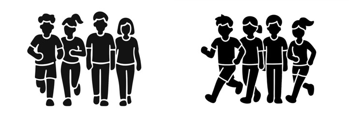 Fototapeta premium Group of people running and walking silhouette icon set for fitness and exercise concepts on a white background