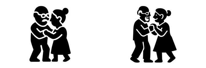 Glyph icons of an elderly couple dancing, expressing happy and sad emotions representing relationship joy and conflict