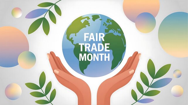 Hands cradle the earth celebrating fair trade month with leafy branches and soft abstract shapes - Powered by Adobe