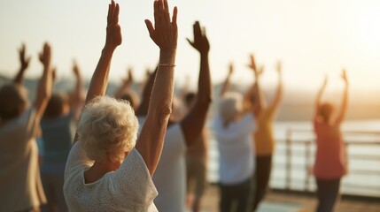 Group of seniors practicing yoga outdoors morning