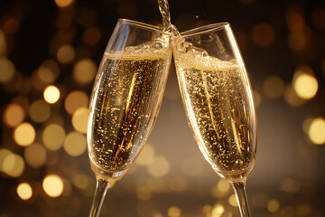 Close-up of two champagne glasses clinking, golden bokeh lights in background, sparkling bubbles