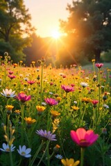 Golden hour sunlight bathes a vibrant summer landscape, wildflowers in full bloom, promising a season of warmth and joy Perfect for travel, vacation, and seasonal themes , nature, cheerful