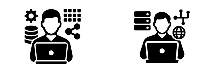 Data administrator and system engineer icon set with developer working on laptop with database server and network symbols