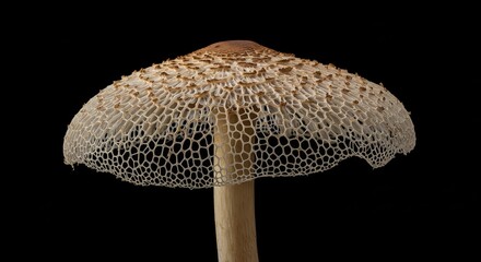 A close-up studio portrait of Phallus indusiatus mushroom against a black background.

