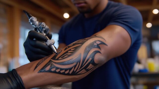 Close-up of a tattoo artist expertly inking bold tribal lines on a forearm with precision.