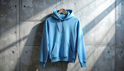 Realistic front view of a light blue pullover hoodie mockup hanging on a wooden hanger against a raw concrete wall. Blank casual sweatshirt template for apparel branding and urban fashion design