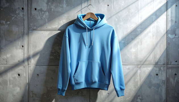 Realistic front view of a light blue pullover hoodie mockup hanging on a wooden hanger against a raw concrete wall. Blank casual sweatshirt template for apparel branding and urban fashion design