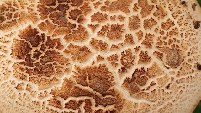 A closeup view captures the intricate, cracked pattern on the surface of a brown mushroom cap, revealing nature&rsquo;s complex textures and earthy tones in stunning detail and celebrating organic beauty.