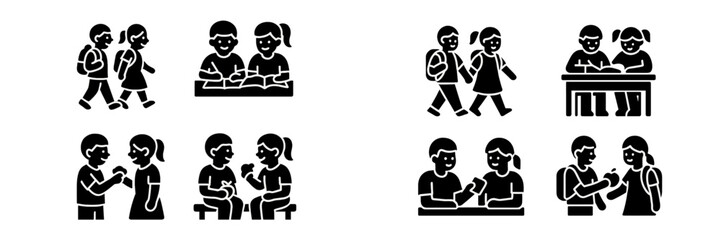 Black glyph icons of school children friendship showing a boy and girl walking, studying at a desk, and talking