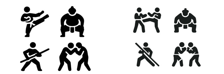 Martial arts and combat sports icon set with black silhouettes of fighters in various poses like karate, sumo, and boxing © Alan