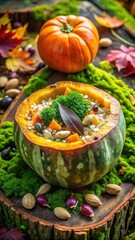 Photo of a delicious and healthy stuffed pumpkin dish, filled with rice, vegetables, and nuts, presented on a mossy log amidst autumn leaves and acorns, evoking a rustic harvest feast