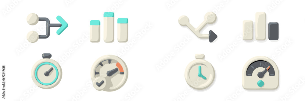 Poster set of 3d icons for business analytics and project management including data charts, process arrows,