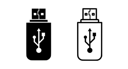 Obraz premium Two usb flash drive icons one solid black one outline showing data transfer symbol