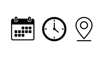 Calendar clock location icons set for scheduling events and planning meetings simple icons