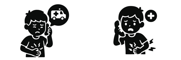 Young boy experiencing severe abdominal pain and discomfort, making an urgent phone call for emergency medical assistance