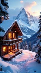 Cozy mountain chalet nestled amongst snow-capped peaks, offering breathtaking views and a perfect winter escape Imagine a warm fire and stunning scenery , forest, door