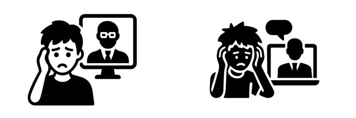 Black glyph icons of a stressed person during an online video call representing anxiety, cyberbullying, or mental health struggles