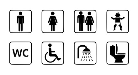 Set of diverse public restroom icons including gender neutral accessible and baby changing facilities