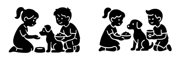 Kids feeding their pet dogs with food bowls, demonstrating responsibility and care for their animal companions