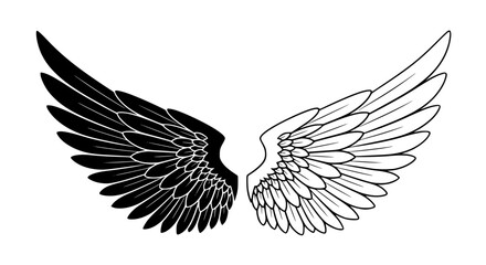 Obraz premium Striking yin yang angel wings design symbolizing duality and contrast in a black and white sketch