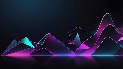 Dark-themed abstract background with holographic flat shapes, neon and digital glows
