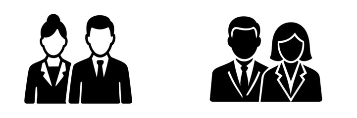 Business people icon set featuring a man and woman in formal suits for a corporate team or professional user profile avatar