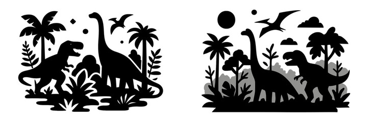 Black and white dinosaur silhouette set featuring Tyrannosaurus Rex, Brachiosaurus, and Pterodactyl in a prehistoric jungle landscape