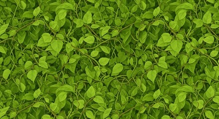 Lush green foliage seamless pattern. A vibrant vector illustration of intertwined leaves and vines creating a dense, natural wall background