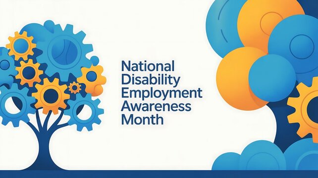 National disability employment awareness month graphic featuring a gear tree and celebratory balloons symbolizing inclusion and opportunity