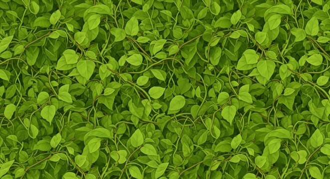 Lush green foliage seamless pattern. A vibrant vector illustration of intertwined leaves and vines creating a dense, natural wall background