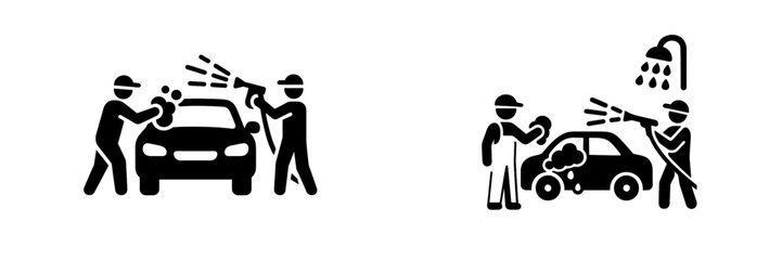 Car wash service icons showing workers cleaning an automobile with a pressure washer and sponge with foam, a black pictogram set for vehicle maintenance and detailing