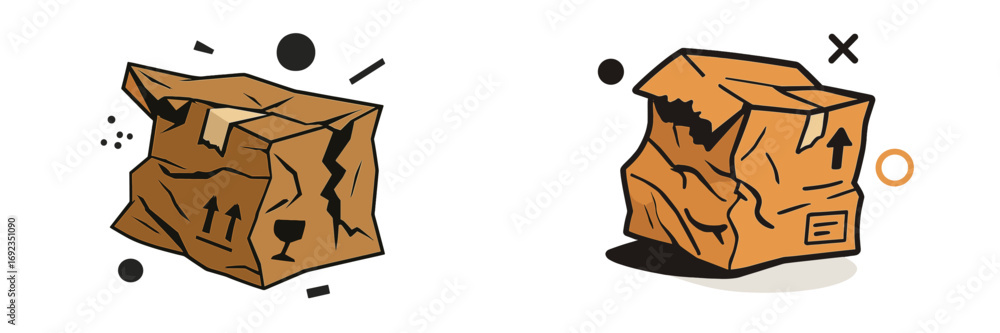 Aufkleber set of two damaged crumpled cardboard shipping boxes with fragile and up arrows for delivery logisti