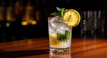 Refreshing Mojito Cocktail with Lemon and Mint on a Wooden Bar Top.