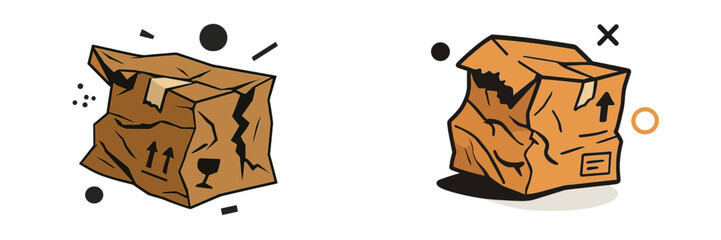 Set of two damaged crumpled cardboard shipping boxes with fragile and up arrows for delivery logistics and transportation industry