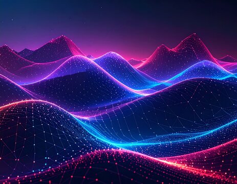 Abstract digital landscape of glowing mountains