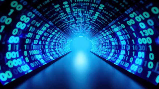 A digital tunnel with binary code leading to a bright light at the end of the passageway view