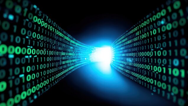 A tunnel of binary code with green digits leading to a bright light at the end of the tunnel