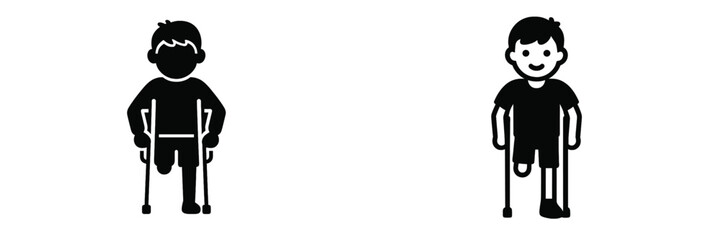 Black glyph icon set of a young boy with a physical disability using crutches after a leg amputation for mobility