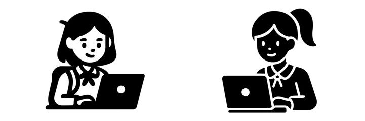 Black and white glyph icons of female students in uniform working on laptops for online learning or remote work