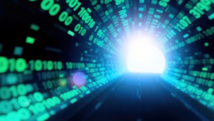 A digital tunnel with green binary code leading to a bright light at the end of the tunnel